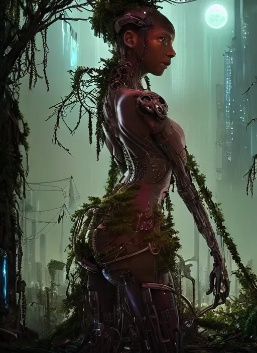 Image similar to intricate Kierra Knightley, growing off a tree, on the background of a weird magical mechanical forest. Very detailed 8k. Fantasy cyberpunk horror. Sharp. Cinematic post-processing