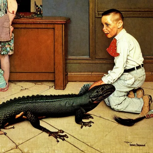 Prompt: a painting of the family tegu by Norman Rockwell