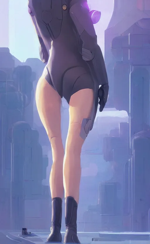 Prompt: sci fi female character, muted colored bodysuit, sci-fi oversized mechanical boots that go up to the thigh that are thick and clunky, soft lighting, wojtek fus, by Makoto Shinkai and Ilya Kuvshinov,