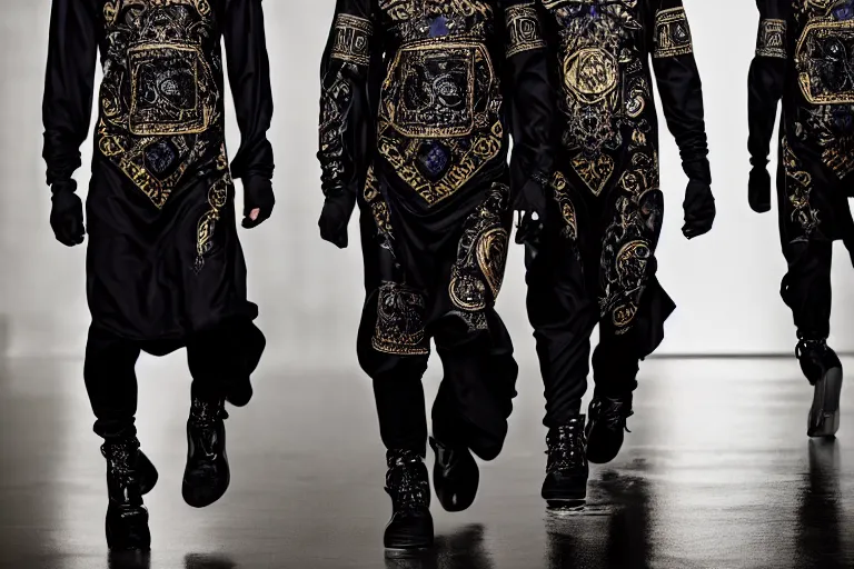 Prompt: versace avant garde male tunics posing in new york intricate modern choatic textiles streetwear cyberpunk dark cloudy raining