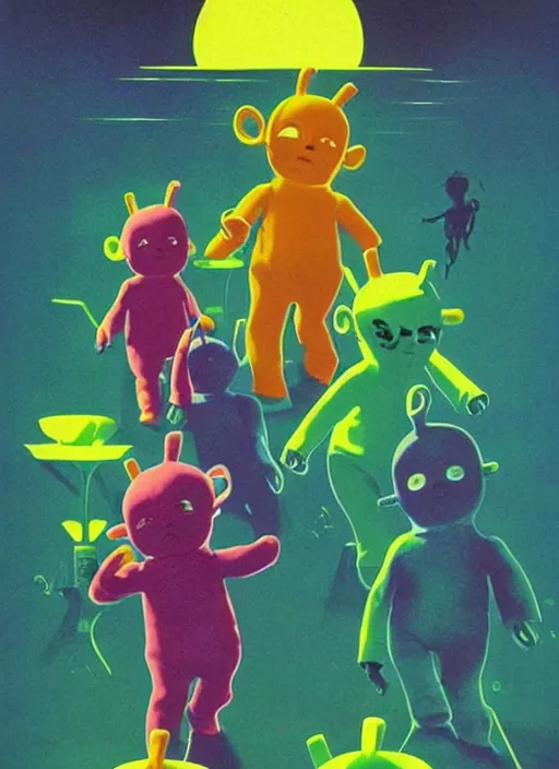 Prompt: teletubbies horror movie poster, grotesque, scary, high details, minimalist, by vincent di fate, artgerm julie bell beeple, inking, 1960s, vintage 60s print, screen print