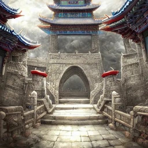 Image similar to dynamic composition, motion, ultra-detailed, incredibly detailed, a lot of details, amazing fine details and brush strokes, colorful and grayish palette, smooth, HD semirealistic anime CG concept art digital painting, watercolor oil painting of epic castle gate, from Three Kingdoms, by a Chinese artist at ArtStation, by Huang Guangjian, Fenghua Zhong, Ruan Jia, Xin Jin and Wei Chang. Realistic artwork of a Chinese videogame, gradients, gentle an harmonic grayish colors.