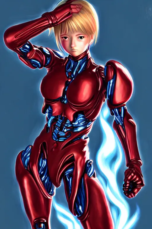 Image similar to character art by wlop, samus aran disguised as the t 1 0 0 0 from terminator, on fire, fire powers