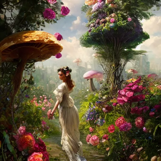 Image similar to portrait of a victorian woman running up a hill of exotic flowers, giant mushrooms, and roses, from behind, streets, birds in the sky, sunlight and rays of light shining through trees, tall buildings on the sides, beautiful, solarpunk!!!, highly detailed, digital painting by Michael Garmash and Peter Mohrbacher