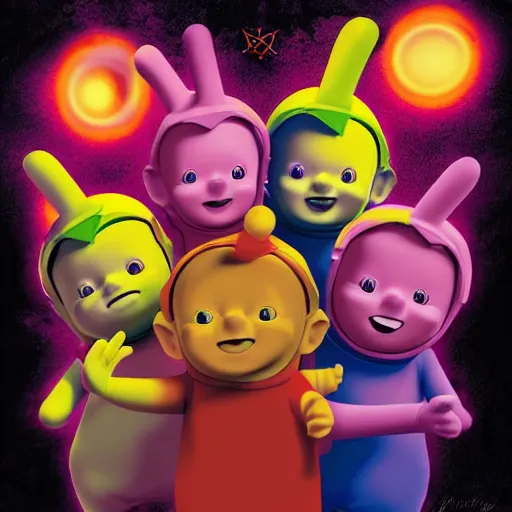 Prompt: the teletubbies performing a satanic ritual around a pentagram, horror, 4k digital art, dark, moody