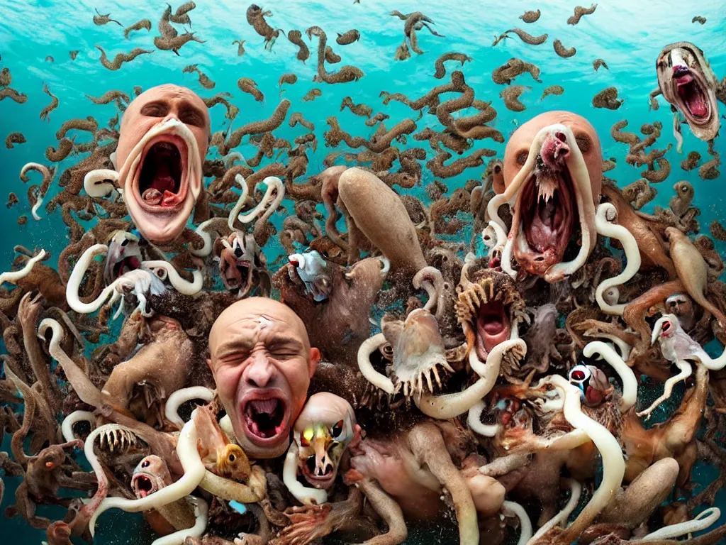 Image similar to a photograph of a screaming man in the ocean swarmed by squids, dogs, baboons, and squirrels, the man's mouth is stuffed with bones and the water foams all over the gaff