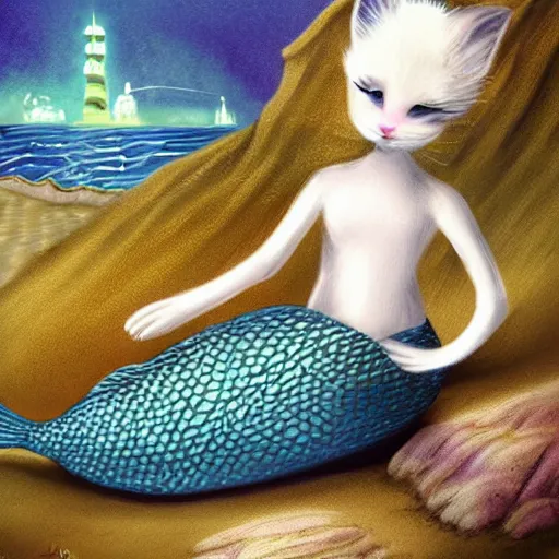 Image similar to a mermaid at the wharf in San Francisco meets a small white kitten, fantasy illustration,