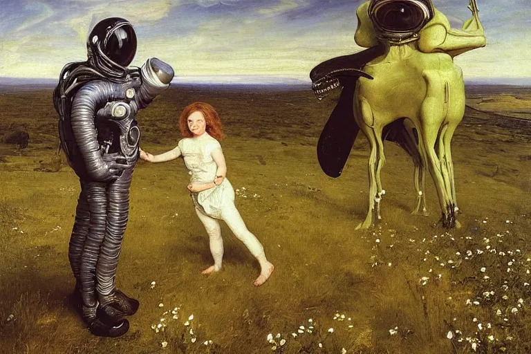 Prompt: sad portrait of an astronaut & a xenomorph in a meadow by sir john everett millais, photorealistic, hyperdetailed, ethereal, masterpiece, oil painting