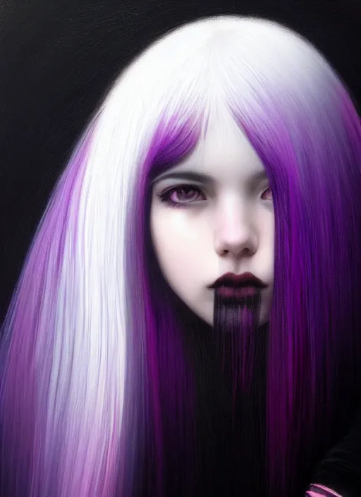 Image similar to hair blackbangs hair, white hair, blackbangswhitehair, portrait of teenage girl with black bangs, red irises, purple clothes, black bangs, bangs are white hair is black, intricate, elegant, glowing lights, highly detailed, digital painting, artstation, concept art, sharp focus, illustration, art by wlop, mars ravelo and greg rutkowski