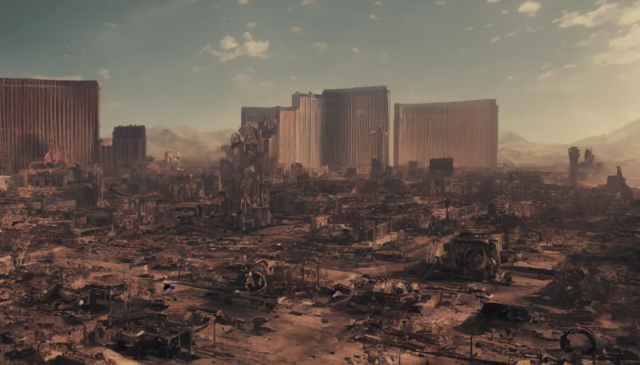 Image similar to Cinematic view of Las Vegas ruins after a nuclear explosion, hyperdetailed, artstation, cgsociety, 8k