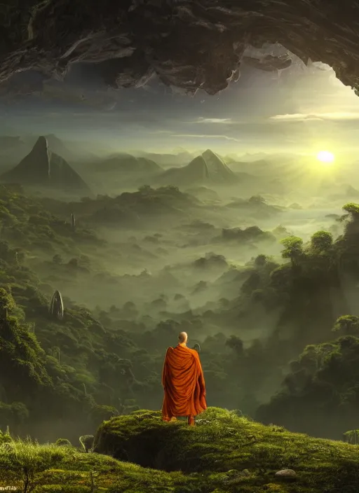 Prompt: a cosmic monk in lord of the rings scenery landscape, looking out at a vast lush valley at sunrise, gigantic temple of alien architecture in the distance, god's rays, highly detailed, vivid color, cinematic lighting, perfect composition, 8 k, gustave dore, derek zabrocki, greg rutkowski, belsinski, octane render