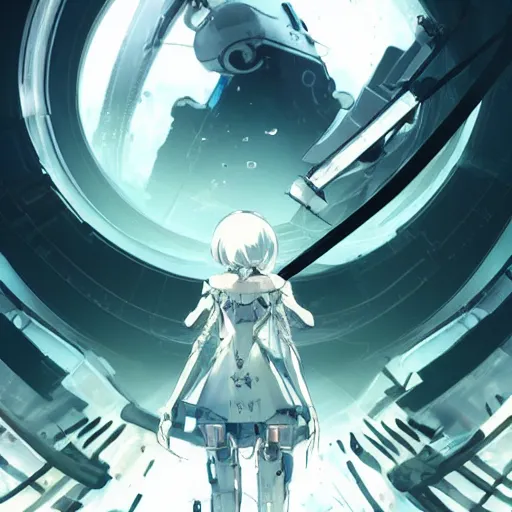 Image similar to white and teal colors. highly detailed post-cyberpunk sci-fi hangar in style of cytus and deemo, mysterious vibes, by Akihiko Yoshida, by Greg Tocchini, nier:automata, set in half-life 2, beautiful with eerie vibes, very inspirational, very stylish, surrealistic, perfect digital art, mystical journey in strange world, bastion game