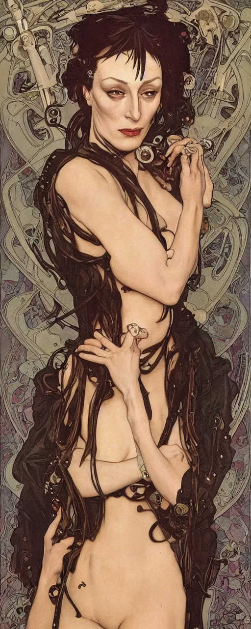 Image similar to striking sensual cartoon art nouveau style portrait of anjelica huston as an industrial crustpunk rebel soldier by glenn fabry, simon bisley and alphonse mucha, photorealism, extremely hyperdetailed, perfect symmetrical facial features, perfect anatomy, ornate declotage, spikes, latex, excited expression, wild eyes