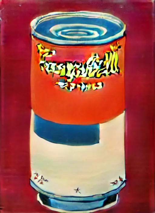 Prompt: campbell's soup by shusei nagaoka, kaws, david rudnick, airbrush on canvas, pastell colours, cell shaded, 8 k