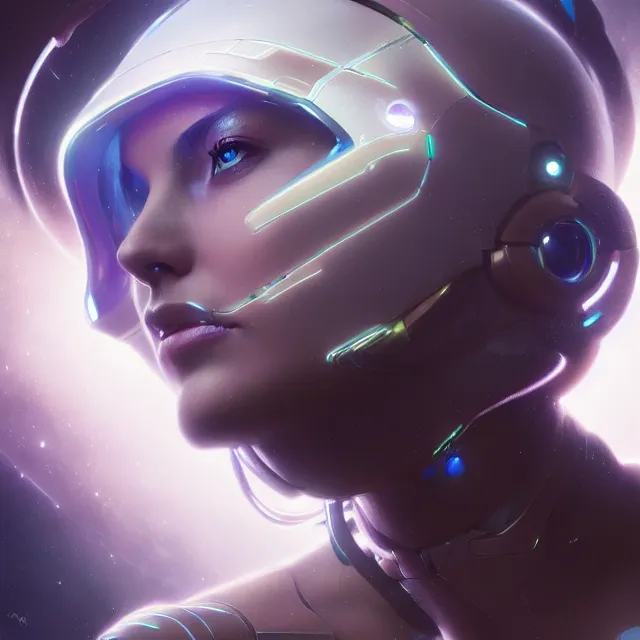 Prompt: close up portrait of beautiful futuristic female cyborg wearing white armor, astral nebula, glowing hair, subsurface scattering, artistic, art by artgerm, greg rutkowski and alphonse mucha, artstation, octane render,