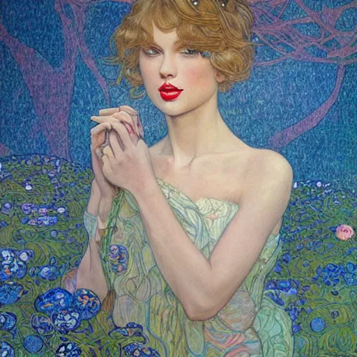 Prompt: romantic painted portrait of taylor swift by james jean!!!, mucha, klimt