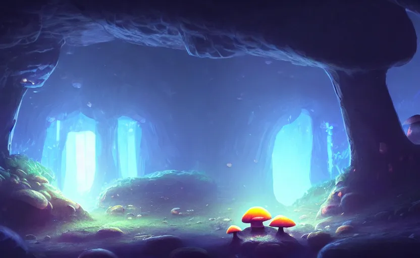 Image similar to a blurry ambient glowing mushroom in the distance of a giant cave, crystals, dynamic lighting, ambient lighting, atmospherical, photorealistic fantasy concept art, trending on art station, stunning visuals, creative, cinematic, ultra detailed