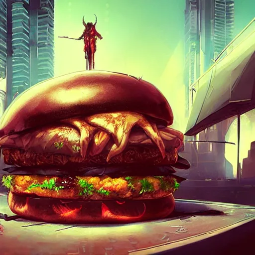 Image similar to cyberpunk, death burger, artstation