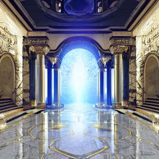Image similar to the grand magical entrance, marble floors, art by kotaro chiba, volumetric lighting, epic composition