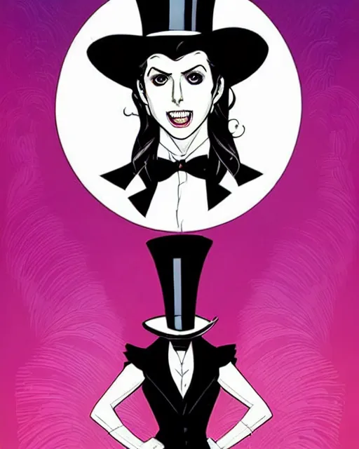 Image similar to beautiful Anna Kendrick Zatanna DC Comics floating on stage, wearing a top hat, symmetrical face symmetrical eyes, smiling, fantasy, intricate details, atmospheric, elegant, concept art, art by eiichiro oda, Joshua Middleton art