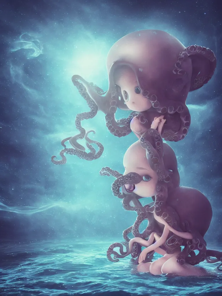 Image similar to cute fumo plush gothic octopus maiden alien girl combing her hair in the waves of the dark galactic abyss, ocean waves and reflective splashing water, ocean simulation, vignette, vray