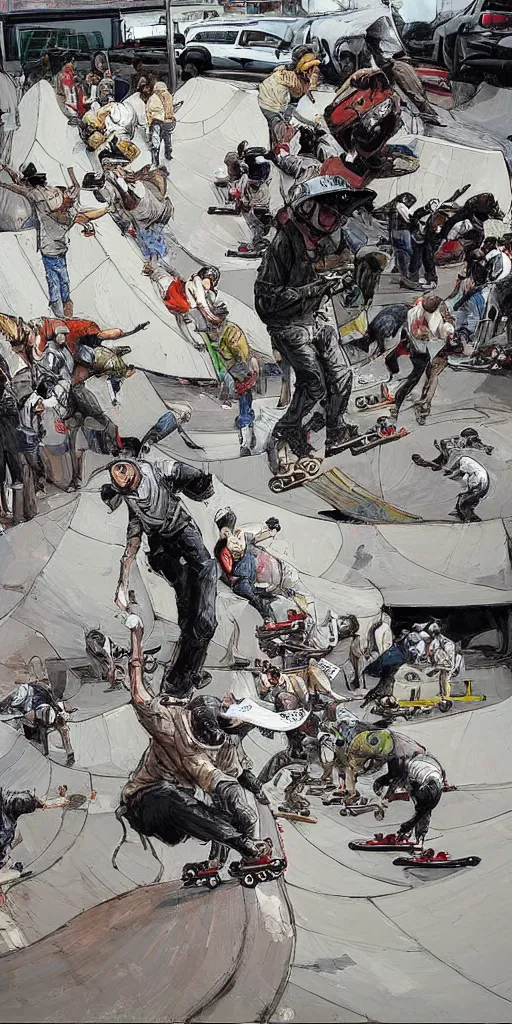 Image similar to oil painting scene skateboard park by kim jung gi