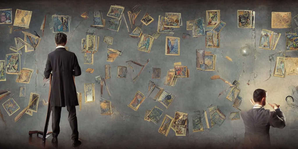 Image similar to back shot of male accountant examining the mysteries of tarot cards on a magical blackboard, fantasy art, matte painting, high quality