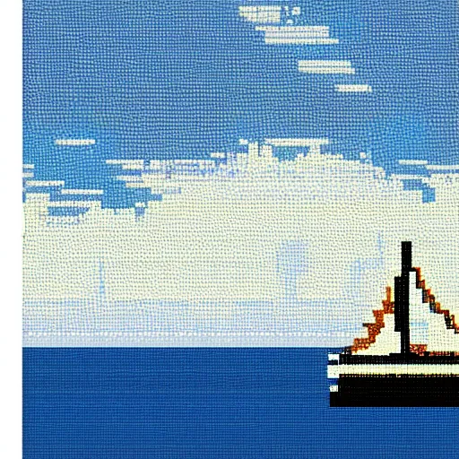 Image similar to a blue white black ferry at the sea, pixelart