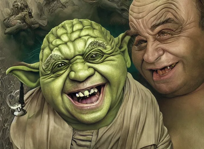 Prompt: a highly detailed portrait of Danny Devito as a crazy laughing drunk Yoda on a bad ketamine drug trip, pale green skin, descent into lunacy and madness, dizzy, trippy, artstation, cgsociety, very detailed, intricate, detailed illustration, by artgerm and greg rutkowski and alphonse mucha, sharp, smooth, masterpiece