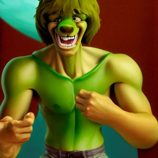 Image similar to a buff shaggy rogers making a surprised face, concept art by guillermo del toro, cgsociety, verdadism, creepypasta, zbrush, groovy