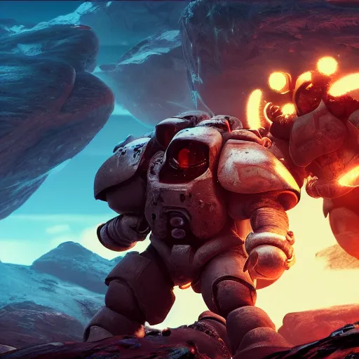 Prompt: Two space marines fighting an spaceship on a dead world full of rocks, award winning, trending on artstation, unreal engine