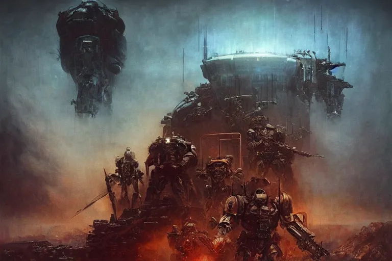Prompt: futuristic battlefield, warhammer, space marines portrait, gloomy, epic, digitally painted by beksinski, centered, golden ratio