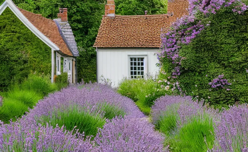 Prompt: Dutch limestone cottage farm, Jerkinhed roof, rustic wood timberwork lavender bushes in the garden, full of flowers, surrounded by oak trees, a cobblestone pathway, dawn, 8K