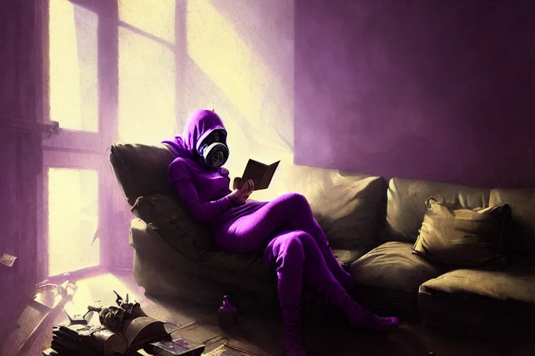 Prompt: girl with wearing a gas mask lying on the sofa reading a book in her room, in the style of greg rutkowski, intricate and epic composition, purple by caravaggio, insanely quality, highly detailed, masterpiece, purple light, artstation, 4 k