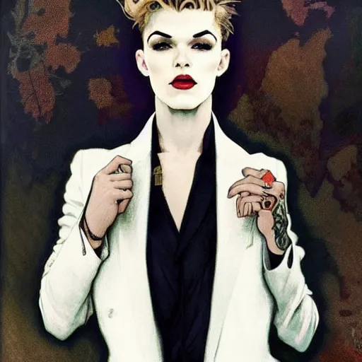 Image similar to beautiful portrait of androgynous ruby rose as desire from sandman in a white tuxedo!!!, rockabilly style,, by alphonse mucha, by jeremy mann, by peter lindbergh, dave mckean, by cedric peyravernay, white suit and black tie, soft lightning, high detailed, 8 k