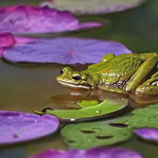 Image similar to fantasy art, close - up of a frog in a small crown!!! in the pond with water lilies, shallow depth of field, highly detailed, autumn, rain, masterpiece, matte painting, sharp focus, matte painting, by isaac levitan, by monet, asher brown durand,