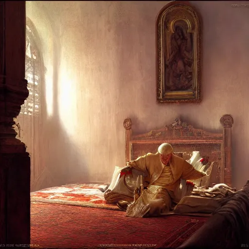 Image similar to the pope is in his bedroom, scared because a horned demon is attacking him. highly detailed painting by gaston bussiere, greg rutkowski, craig mullins 8 k