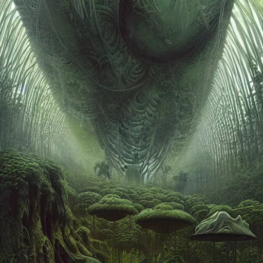 Prompt: epic alien jungle by zdzisław beksinski, greg rutkowski inside a giant futuristic structure by zaha hadid, futuristic organic shapes combined with lush flora