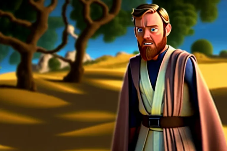 Image similar to obi wan kenobi, screenshot in a typical pixar movie, josh black