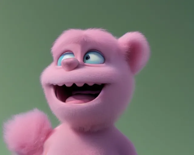 Image similar to 3D Pixar movie animation render of the cutest little pink fluffy creature with a big lovely grin smile sweet adorable cherub, octane render, pastel colors, soft clouds and soft gradient background