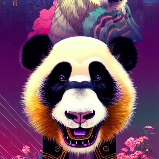 Image similar to a beautiful hyperdetailed character design 4 k wallpaper illustration of a cute panda with a chinese lion dance head victo ngai cyberpunk style, from china, style of studio ghibli, makoto shinkai, raphael lacoste, louis comfort tiffany, artgerm, james jean, ross tran, chinese style