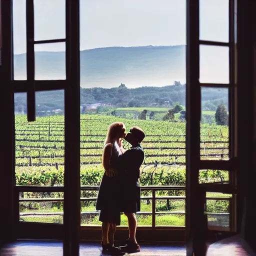 Prompt: a couple kissing, behind them is a window that shows a hilly landscape with vineyards, natural light, dreamy, 7 0 mm, hopper