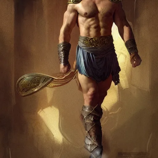 Image similar to henry cavill as a greek gladiator, gorgeous, amazing, muscular, intricate, highly detailed, digital painting, artstation, concept art, sharp focus, illustration, art by greg rutkowski and alphonse mucha