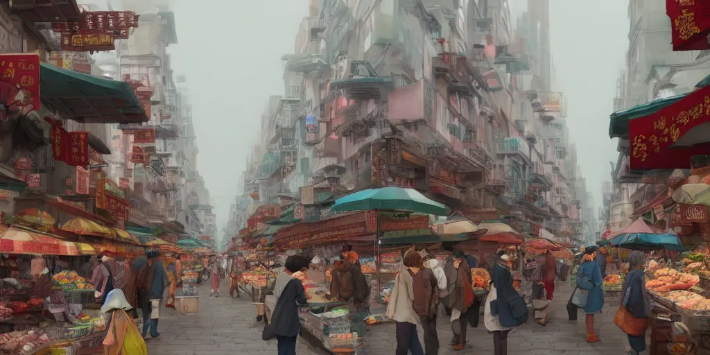 Image similar to morning market in chinatown, slightly foggy day, matte painting, studio ghibli, artstation