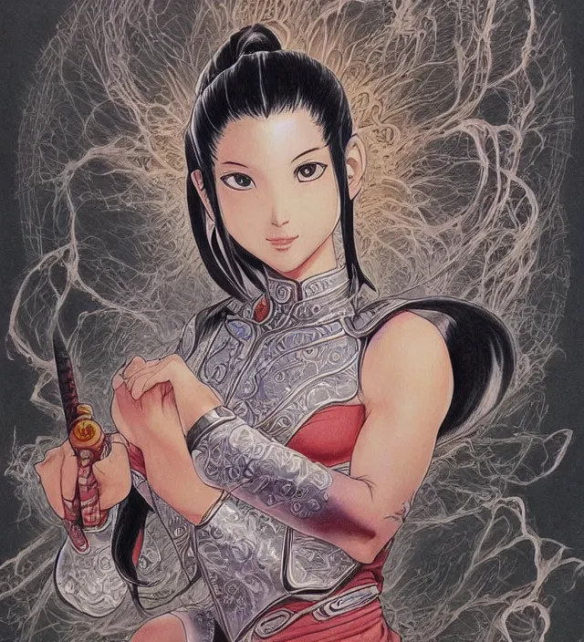 Image similar to buddhist taoist drawing painting of a beautiful girl portrait in alex ross frank miller giger gantz onepunchman miura kentaro style detailed trending award winning