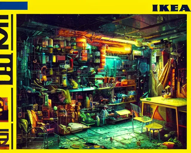Prompt: IKEA catalogue photo of a cyberpunk shed, by Paul Lehr