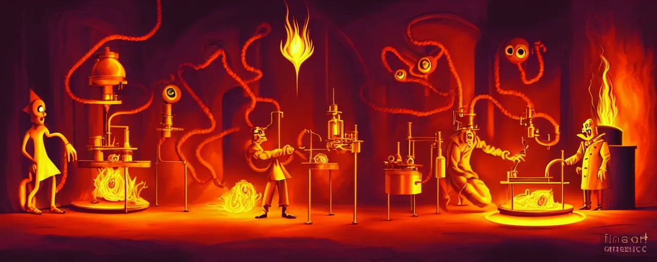 Prompt: uncanny alchemist monsters in a fiery alchemical lab, dramatic lighting, surreal 1 9 3 0 s fleischer cartoon characters, surreal painting by ronny khalil