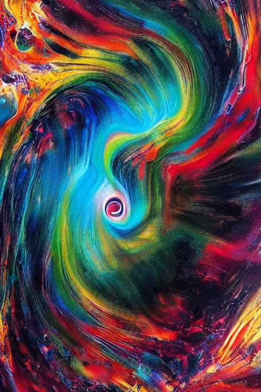 Prompt: fluid dynamics flow art a painting of a colorful black hole with a colorful swirl exploding into rainbows, acrylic marbling art by sam spratt, beksinski, deviantart, psychedelic art, psychedelic, cosmic horror, chromatic