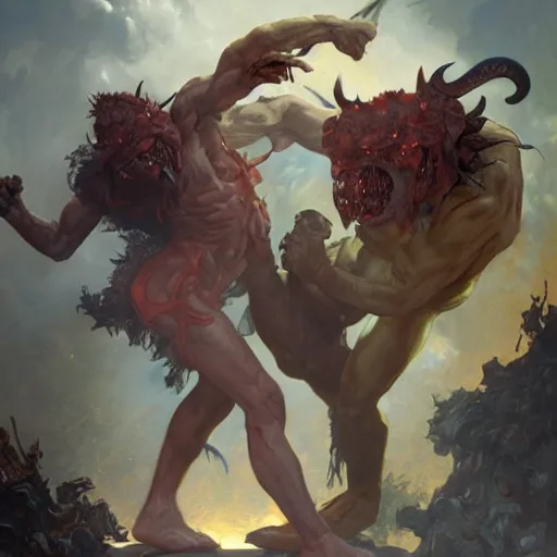 Prompt: Fight between two demons in hell, highly detailed, digital painting, artstation, concept art, smooth, sharp focus, illustration, art by artgerm and greg rutkowski and alphonse mucha