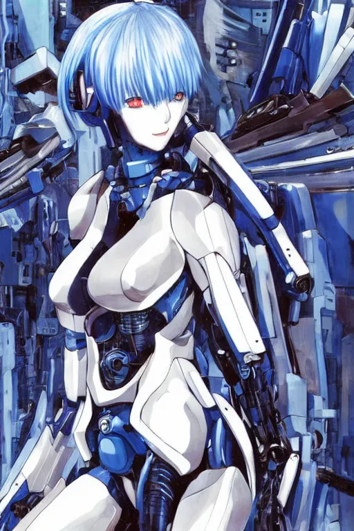 Prompt: manga cover art of a blue-haired anime girl named rei ayanami wired into a mecha cockpit, painted by tsutomu nihei